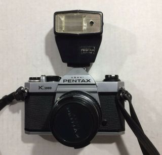 Pentax K1000 - - 35mm Slr Camera,  Lens,  Flash - Vintage - See Pix
