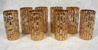 Rare 8 Vtg Imperial Glass Gold Bamboo Highball Tumblers Glasses Tahiti Bambu Mcm