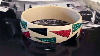 Art Deco Celluloid Bracelet W/ Green,  Red & Black And Matching Rhinestones