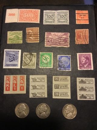 3 Silver War Nickels 1943p & 25 Ration Swastika Hitler Usa Stamps World War Two