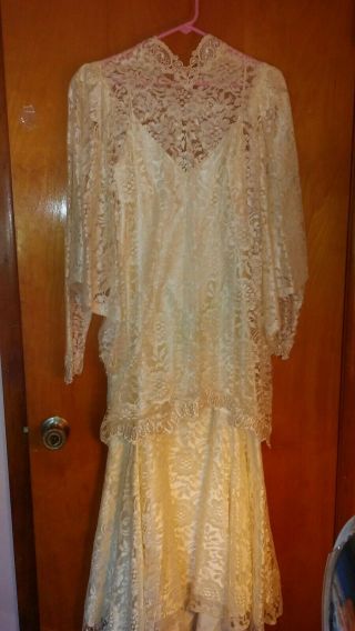 Vintage Victorian Satin & Lace Tea Length Ivory Wedding Dress Size 7/8 Ec