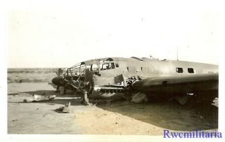 Org.  Photo: Us Soldier View Shot Down Luftwaffe He - 111 Bomber; North Africa