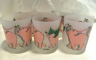Vintage Neiman Marcus Frosted Pink Elephant Christmas Glasses Set Of 6 12 Ounces