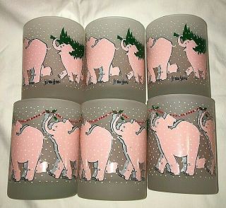 Vintage Neiman Marcus Frosted Pink Elephant Christmas Glasses Set of 6 12 ounces 2