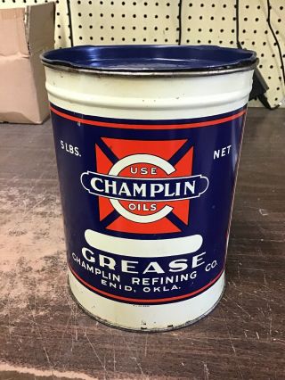 Vintage Champlin Refining Co 5lb grease metal can with lid Enid,  Okla. 3
