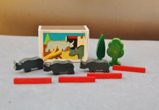 Juri West Germany Wood Animal Matchbox Block Toy Rhinoceros Set 12/4 Vintage
