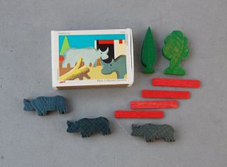 Juri West Germany Wood Animal Matchbox Block Toy Rhinoceros Set 12/4 Vintage 2