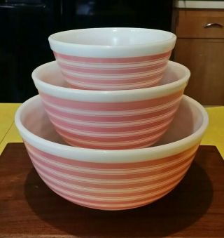 Htf Vintage Pyrex Pink Stripes Mixing Bowl Set