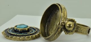 Georgian 18k gold plated silver,  enamel&Turquoise MEMENTO MORI SKULL poison ring 5