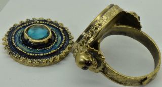 Georgian 18k gold plated silver,  enamel&Turquoise MEMENTO MORI SKULL poison ring 6