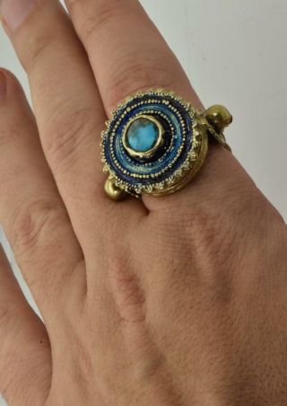 Georgian 18k gold plated silver,  enamel&Turquoise MEMENTO MORI SKULL poison ring 8