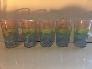 Vtg Set Of 5 Multi Color Striped Tea Drinking Glasses