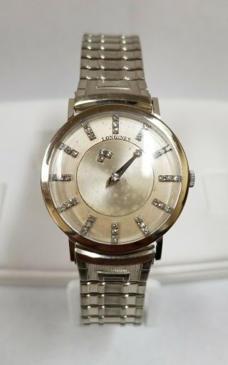 Vintage 14k White Gold Longines Mystery Dial Diamond Hour Markers Men 
