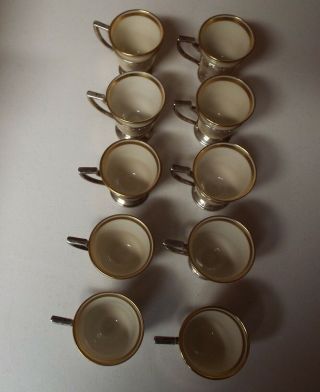 Set Of 10 Vintage Lenox / Sterling Silver Demitasse Cups W Gold Rims