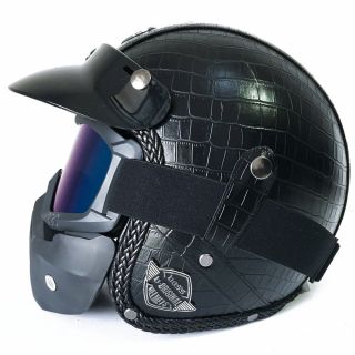 Crocodile Black Xl Harley Motorcycle Bike Helmet Vintage W/ Full Face Mask Dot