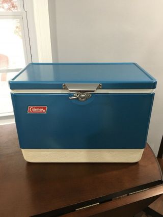 Vintage Coleman Medium Metal Cooler Ice Chest Box Blue W/ Bottle Openers & Tray