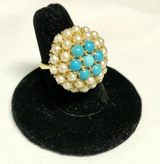 Vintage 14k Gold Ring Turquoise Faux Pearl Seed Bead Marked Italy