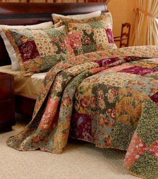 Vintage Patchwork 3pc Queen Bedspread Quilt Set : Xxl Red Green Blue Pink Roses