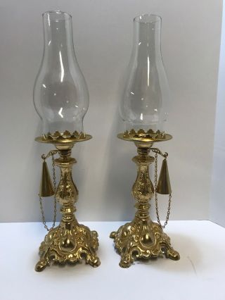 Pair Vintage Cast Metal Candlestick Holders W/chained Snuffer & Globes