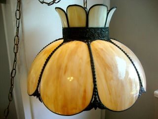 Vintage Tiffany Style Hanging Swag Lamp Stained Glass Tan White Lamp Shade