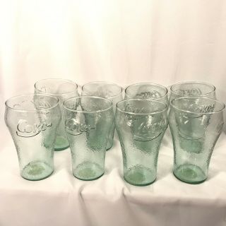 Coca Cola Set Of 8 - 32 Oz Large Pebble Green Glasses Collectible Cups Vintage