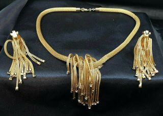 Hattie Carnegie Waterfall Cascade Necklace & Clip On Earrings Gold Plated Set