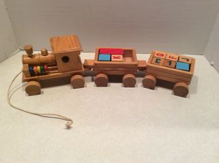 Vintage Wooden Pull Toy Train,  3 Piece Plus Blocks