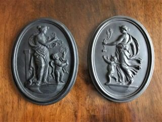 Antique 19thc Large Wedgwood Black Basalt Plaques - Cupid & Venus