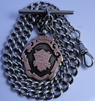 Victorian Solid Silver Pocket Watch Albert Chain With Silver & Rose Gold Fob