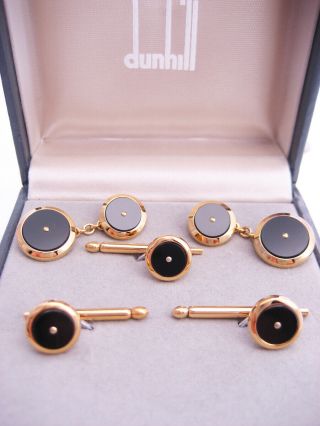 Vintage Alfred Dunhill Sterling Silver Gold & Onyx Cufflinks & Stud Buttons Set