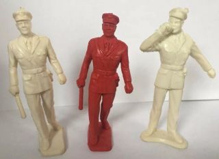 3 Vintage Plastic Police Toy Soldier Figures Made In Usa Red And White