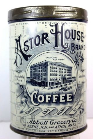 Rare - Astor House Brand Coffee Tin Abbott Grocery Co.  N.  H.  & Mass.