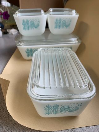 Vintage Pyrex Amish Butterprint Refrigerator Dishes 8 Piece Set Turquoise White