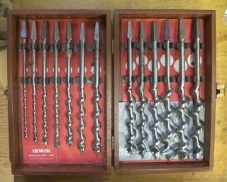 Vintage Irwin 13 Piece Matched Auger Bit Set With Box Jointed Wood Case