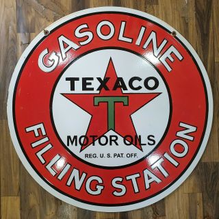 Texaco Gasoline Filling Station 2 Sided Vintage Porcelain Sign 30 Inches Round