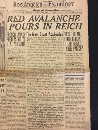 1945 January 21 Newspaper: LA Examiner: WW II,  FDR Roosevelt Inaugurated,  Reich 3
