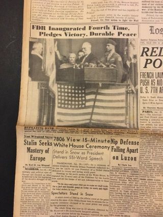 1945 January 21 Newspaper: LA Examiner: WW II,  FDR Roosevelt Inaugurated,  Reich 4