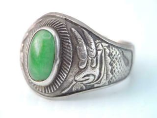 Lg Mens Antique Chinese Dragon Sterling Silver Green Jade Ring Sz 11