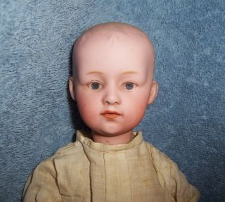 Pretty Antique 8.  5 " German Bisque Head Character Baby Doll In Christening Gown