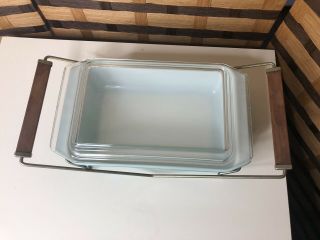 Vintage Pyrex Green Wheat 2 quart space saver with lid and cradle Pristine 2