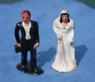 Unusual 1950s Bride & Groom Lead Figures Wedding Cake Topper