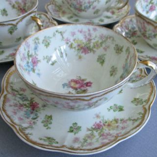4 Antique Haviland Porcelain Cups Saucers Flower Swags Schleiger 72 Double Gold