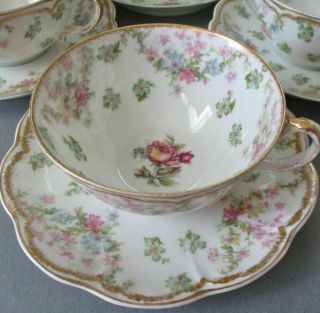 4 Antique HAVILAND Porcelain Cups Saucers FLOWER Swags Schleiger 72 Double Gold 2