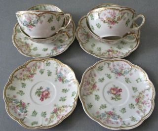 4 Antique HAVILAND Porcelain Cups Saucers FLOWER Swags Schleiger 72 Double Gold 6
