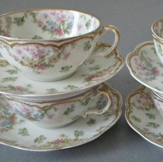 4 Antique HAVILAND Porcelain Cups Saucers FLOWER Swags Schleiger 72 Double Gold 8