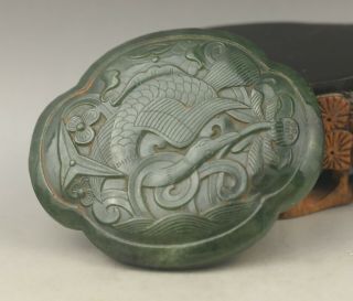 Old Chinese Natural Hetian Green Jade Hand - Carved Phenix And Flower Pendant