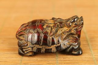 Antique Chinese Old Yak Horn Hand Carved Dragon Turtle Statue Netsuke