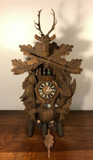 Vintage Schneider Black Forest Cuckoo Clock Hunters Deer Game W Dancers Germany