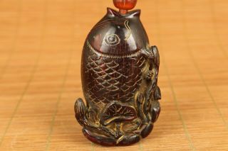 Big rare chinese old yak horn hand carved fish snuff bottle hand piece 2