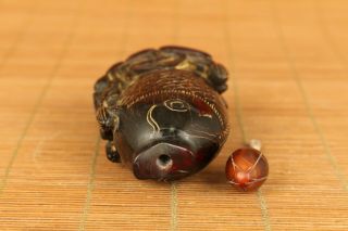 Big rare chinese old yak horn hand carved fish snuff bottle hand piece 5